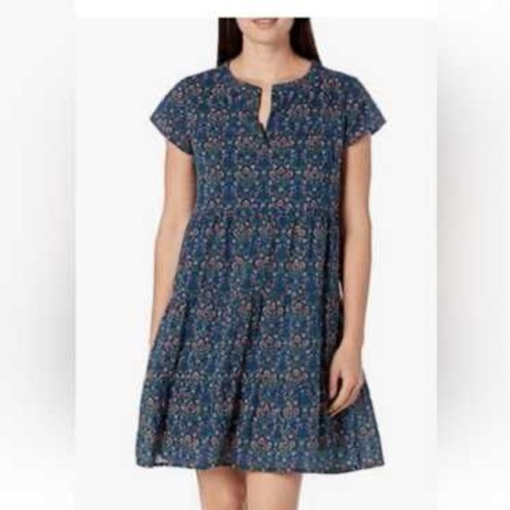 Roller Rabbit Blue Floral Block Print Tiered Cotton Mini Dress Womens Medium